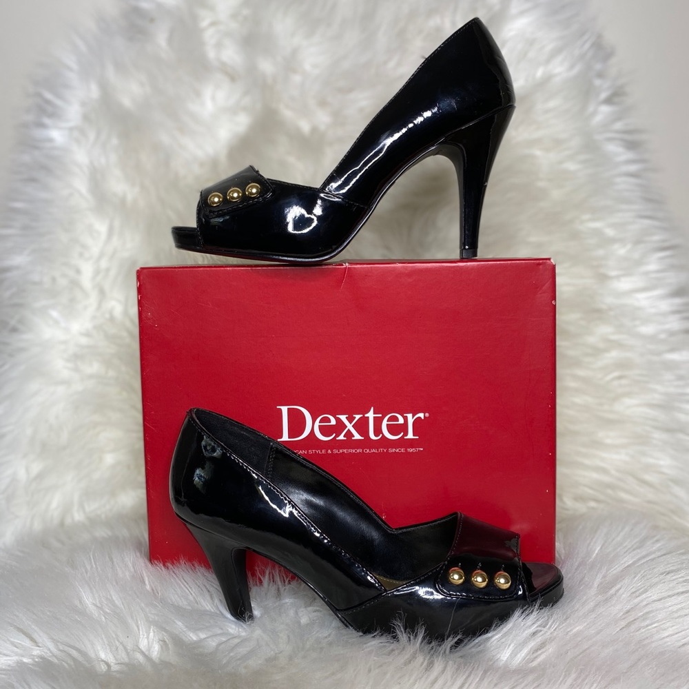 Dexter Black Peep Toe Heels With Gold Accents